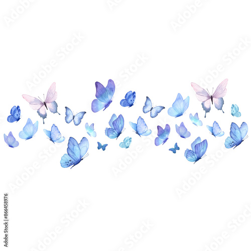 Butterfly collection. Watercolor illustration. Colorful Butterflies clipart set. Baby shower design elements. Party invitation, birthday celebration. Spring, summer decoration. Flock