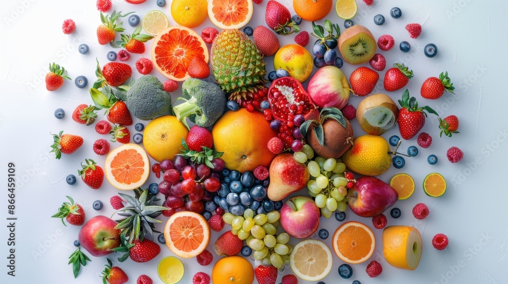 An array of vibrant, futuristic fruits artistically arranged in a circular pattern on a sleek white backdrop, top view with neon highlights An array of vibrant, futuristic fruits artistically arranged in a circular pattern on a sleek white backdrop, top view with neon highlights