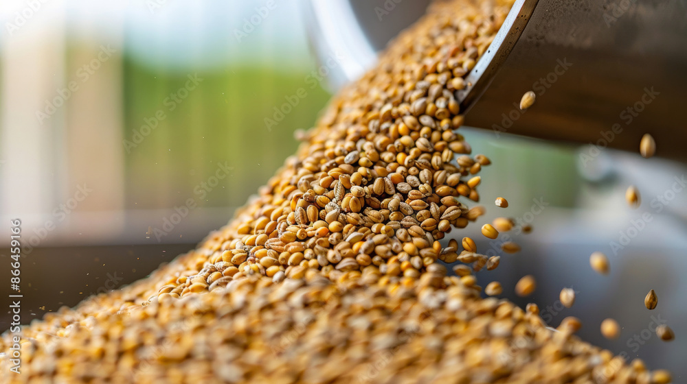 A close-up of malt grains being poured into a milling machine A close-up of malt grains being poured into a milling machine