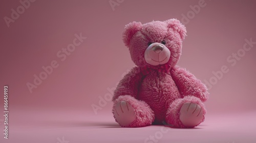 A cute pink teddy bear sits upright, isolated on a pink background. It has a friendly smile, soft plush material, and brown eyes. Perfect for cuddling or as a gift for a loved one © Dipsky
