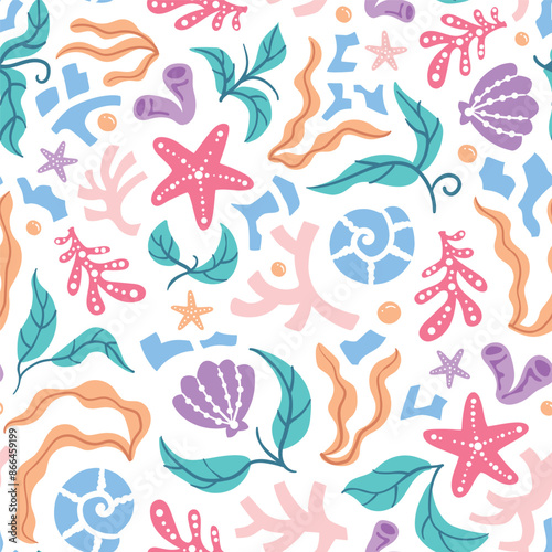 Colorful starfish, seashells and seaweed on white background. Seamless repeated surface vector pattern design.