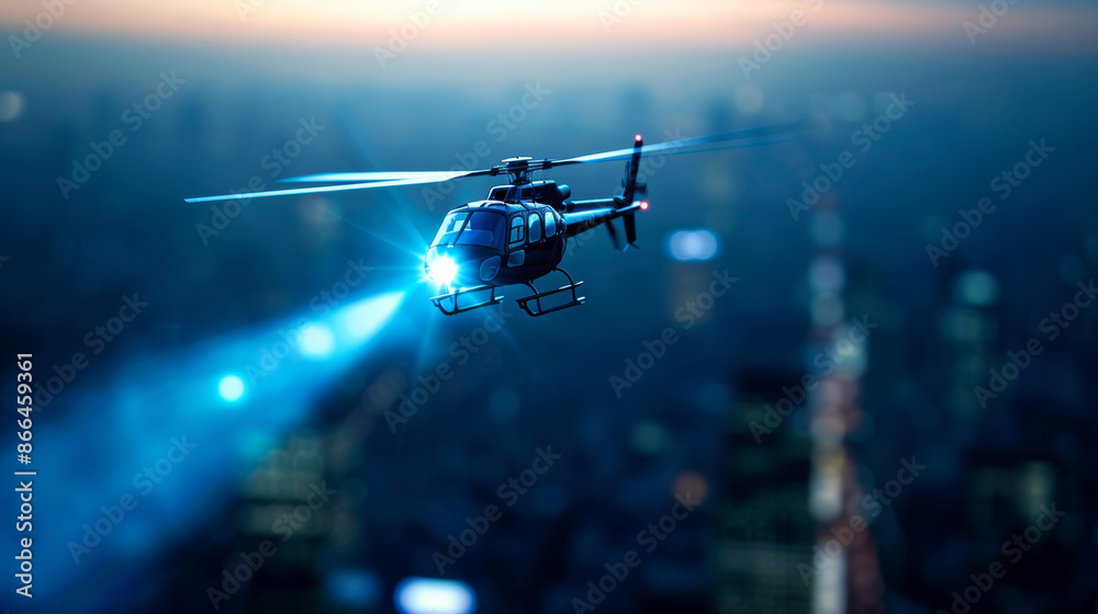 Naklejka premium a dramatic skyline with a helicopter hovering above, spotlight focused, 911 marked on the helicopter 