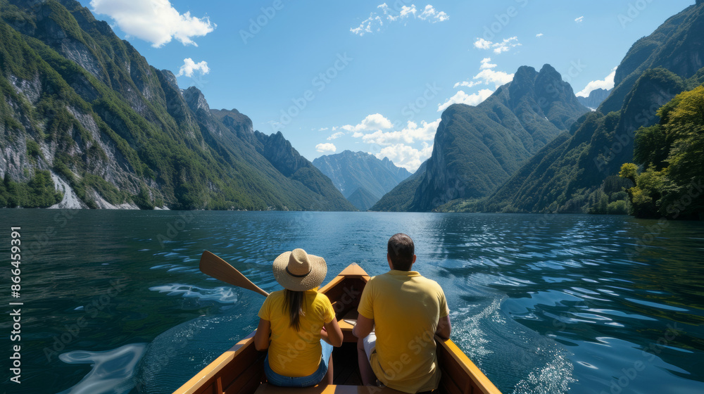 A family enjoying a boat ride on a lake surrounded by mountains, celebrating Ferragosto with joy A family enjoying a boat ride on a lake surrounded by mountains, celebrating Ferragosto with joy