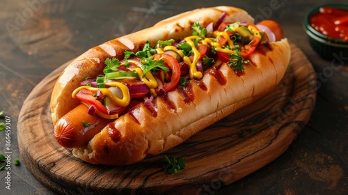Delicious hot dog with mustard, ketchup, onions, and tomato on a wooden board. Tasty food photography for a restaurant or food blog.