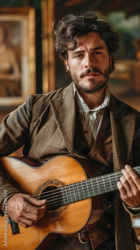 Obraz premium Argentinian man with a guitar, looking passionate