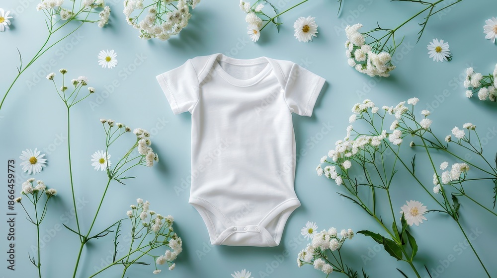 A baby's white onesie is placed on a bed of flowers A baby's white onesie is placed on a bed of flowers