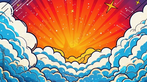 A colorful, cartoonish drawing of a sky with clouds and a sun
