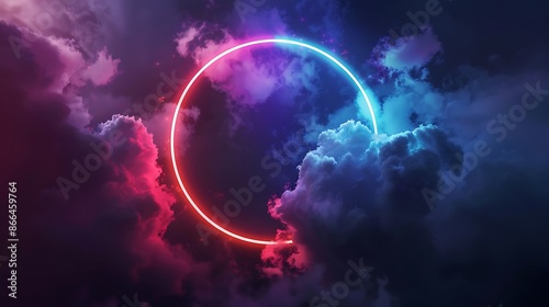 abstract cloud illuminated with neon light ring on dark