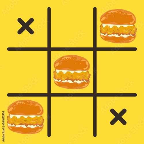 Set of delicious fast food illustrations Happy hamburger party with fried chicken, cheese, and buns on an X O grid. Isolated on a bright-colored background. For designing food menu posters, restaurant