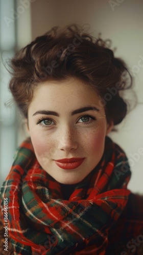 Scottish woman with a tartan scarf, looking cheerful