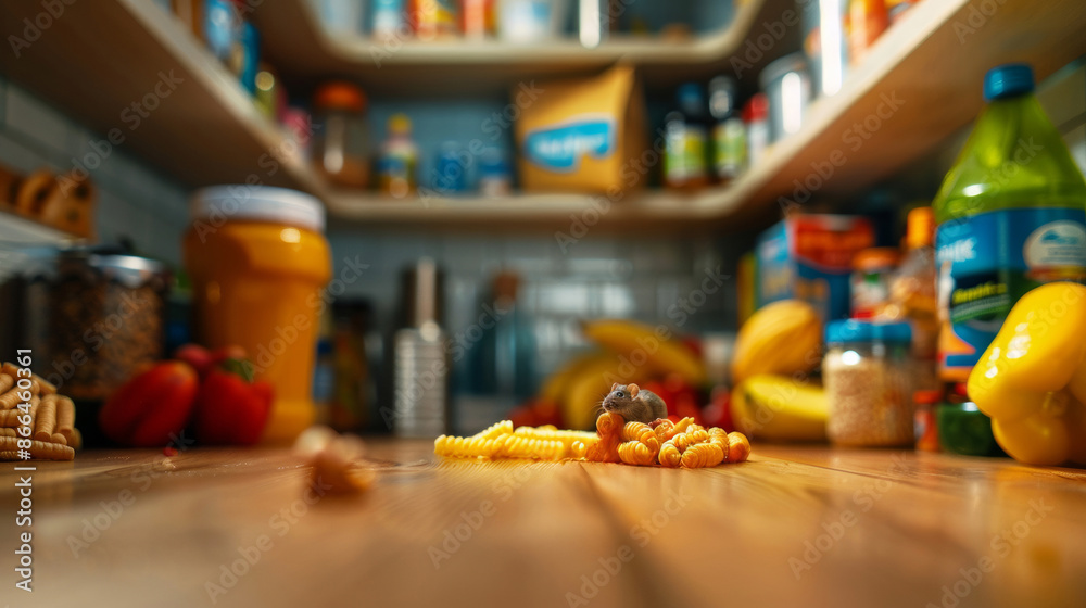 A pantry with food packages torn open and mice nibbling on the contents 