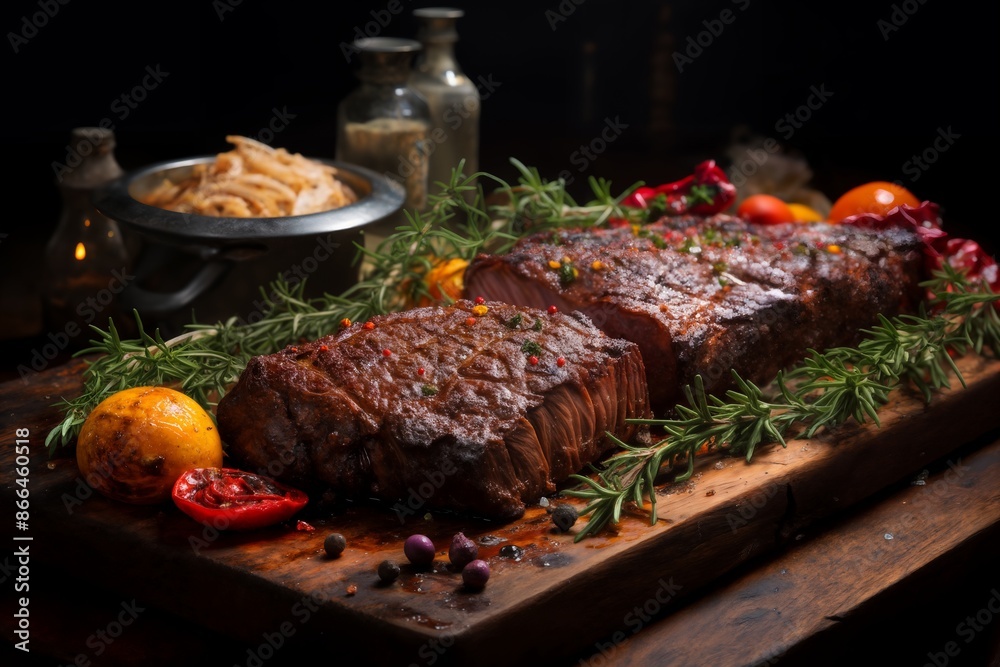 grilled meat and vegetables and herbs cooked on fire as a barbecue, roast in a frying pan, delicious food grilled meat and vegetables and herbs cooked on fire as a barbecue, roast in a frying pan, delicious food