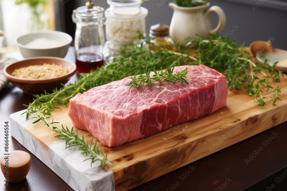 raw marbled meat and vegetables and herbs on a wooden board, delicious food raw marbled meat and vegetables and herbs on a wooden board, delicious food