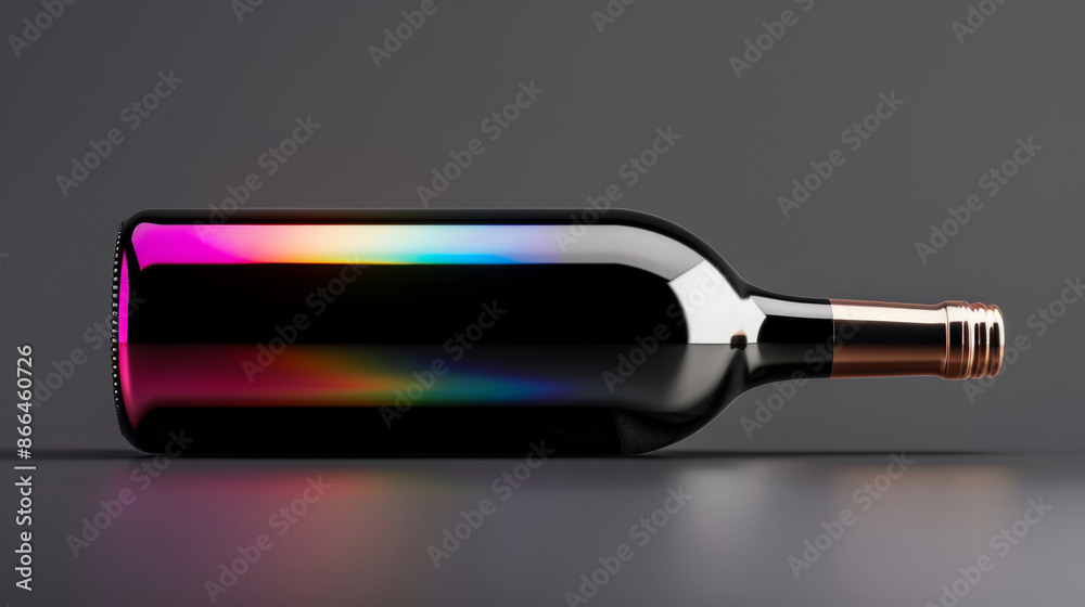 A side view of a Beaujolais wine bottle with a holographic label reflecting various colors under light A side view of a Beaujolais wine bottle with a holographic label reflecting various colors under light