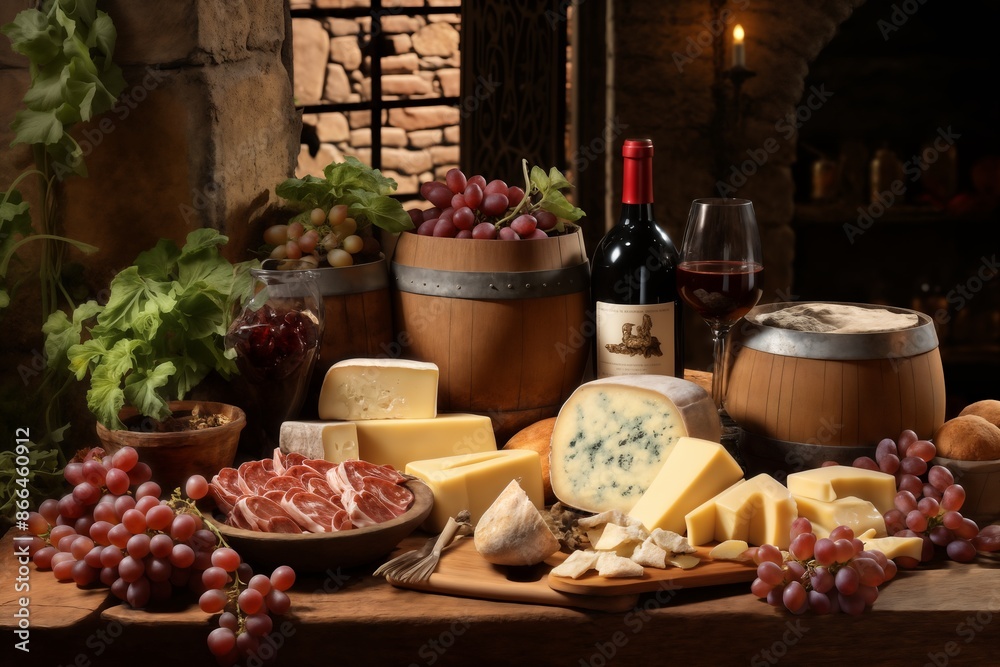 beautiful still life, cheese, bottle of wine, grapes on windowsill in old house in village beautiful still life, cheese, bottle of wine, grapes on windowsill in old house in village