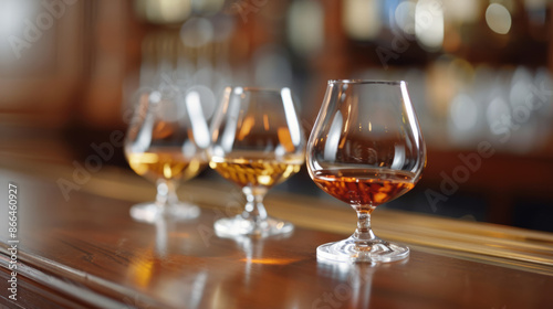 Wallpaper Mural A side view of different ages of cognac in crystal glasses on a wooden bar  Torontodigital.ca