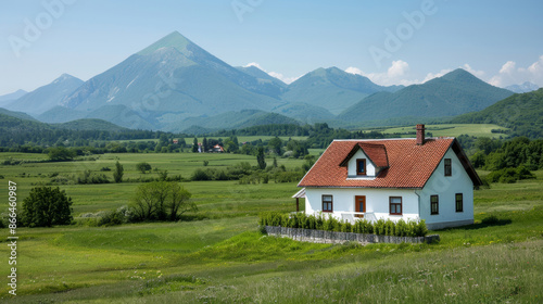 A traditional Serbian house with white walls and red-tiled roof, surrounded by green fields and mountains in the background 