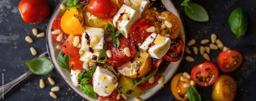 Fresh and colorful tomato and mozzarella salad with basil, pine nuts, and balsamic drizzle on a dark rustic background. Fresh and colorful tomato and mozzarella salad with basil, pine nuts, and balsamic drizzle on a dark rustic background.