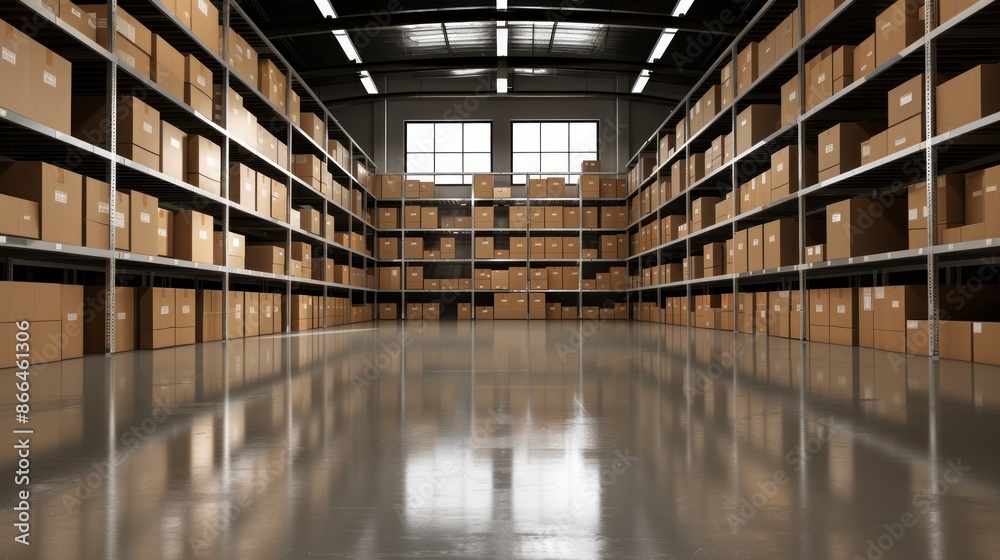 An empty warehouse filled with shelves stacked high with brown cardboard boxes illustrating industrial storage and logistics concept An empty warehouse filled with shelves stacked high with brown cardboard boxes illustrating industrial storage and logistics concept