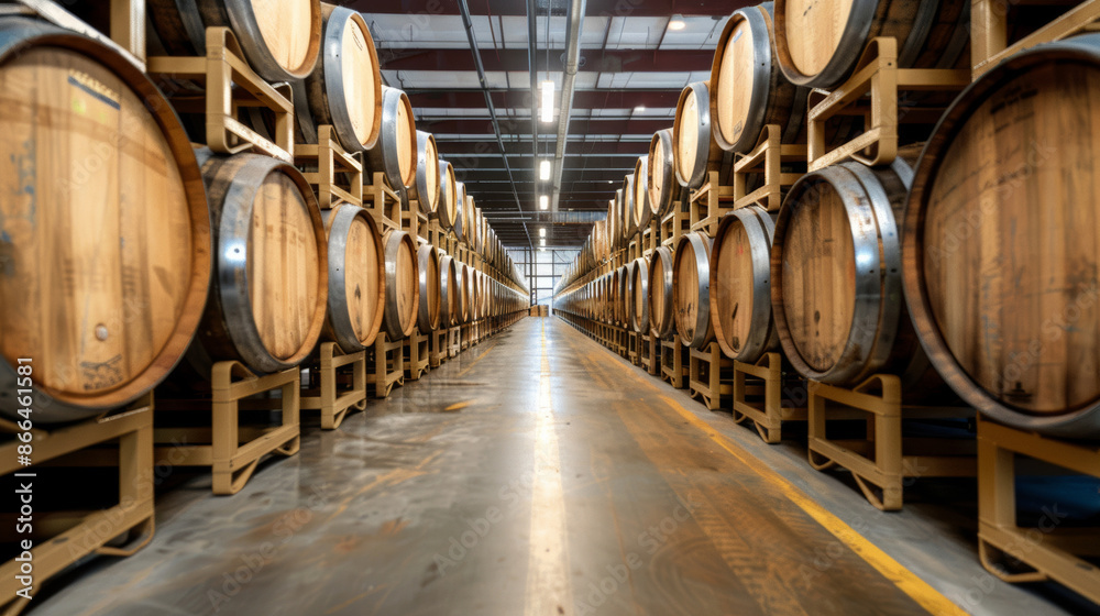 A wide-angle shot of a beer cellar with wooden barrels stacked high 