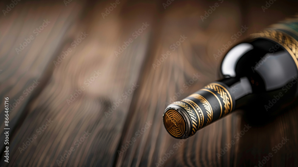 A wide-angle shot of a wine bottle with a label designed in a vintage, art deco style A wide-angle shot of a wine bottle with a label designed in a vintage, art deco style
