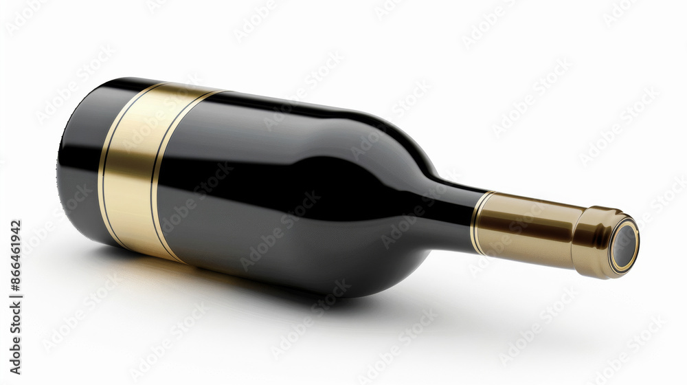 A wide-angle view of an elegant wine bottle with a minimalistic black and gold label on a white background A wide-angle view of an elegant wine bottle with a minimalistic black and gold label on a white background