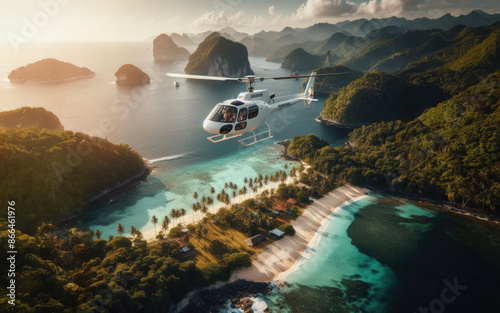 Wallpaper Mural Flight over the sea. Small helicopter in the sky. A black private helicopter flies over the sea next to a tropical island. Torontodigital.ca