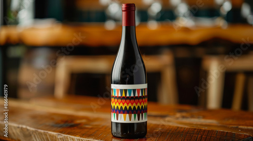 A wide-angle view of a Beaujolais wine bottle with a vibrant, artistic label on a rustic wooden table 