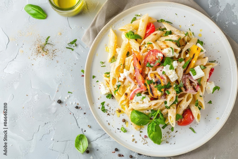 Delicious penne pasta salad with fresh vegetables and feta cheese on a light background, perfect for a healthy meal or a quick lunch. Delicious penne pasta salad with fresh vegetables and feta cheese on a light background, perfect for a healthy meal or a quick lunch.