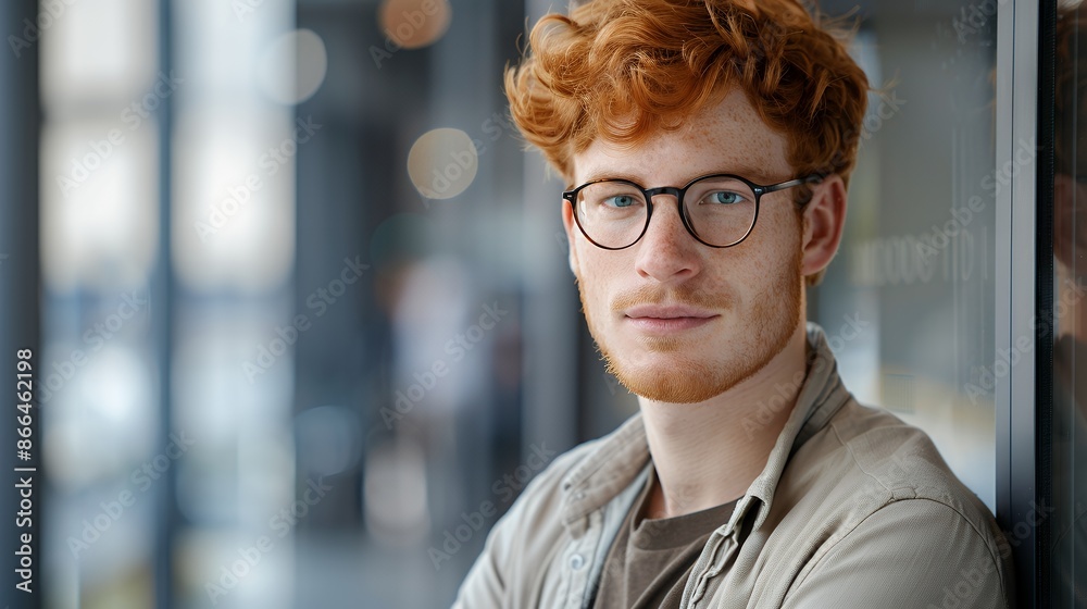 Portrait of a handsome red-haired man in glasses with a smart casual outfit looking at the camera while standing against a glass window, with clear facial features and sharp focus, a highly detailed p Portrait of a handsome red-haired man in glasses with a smart casual outfit looking at the camera while standing against a glass window, with clear facial features and sharp focus, a highly detailed p