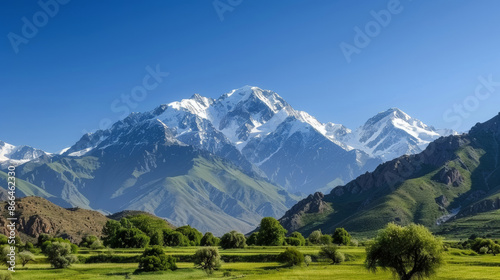 ''Atlas Mountains in August, rugged terrain with patches of green, dramatic peaks, clear and sunny weather'' 