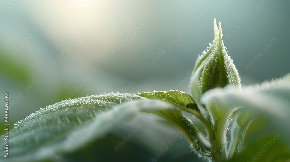 Close-up of a sunflower bud opening, morning sunlight filtering through leaves in the background, petals unfurling, refreshing and awakening, natural elegance. Close-up of a sunflower bud opening, morning sunlight filtering through leaves in the background, petals unfurling, refreshing and awakening, natural elegance.