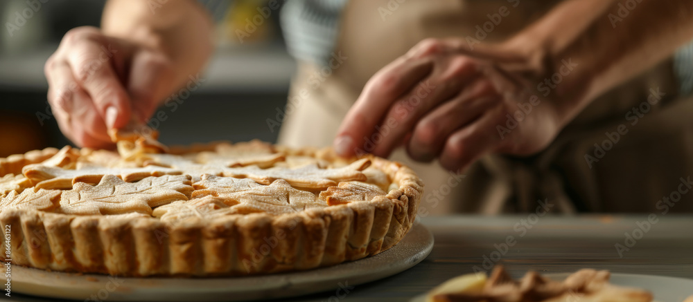 ''close-up of hands decorating an autumn pie with leaf-shaped cutouts, modern kitchen background, clean and elegant style'' ''close-up of hands decorating an autumn pie with leaf-shaped cutouts, modern kitchen background, clean and elegant style''