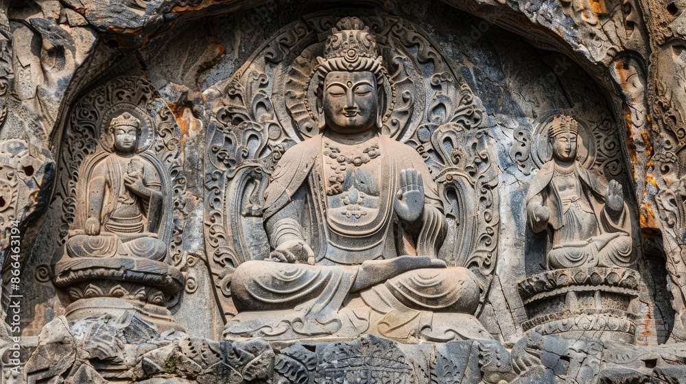 Ancient Buddhist stone carvings depicting intricate statues of Buddha and attendants in a historic temple or grotto setting. Ancient Buddhist stone carvings depicting intricate statues of Buddha and attendants in a historic temple or grotto setting.