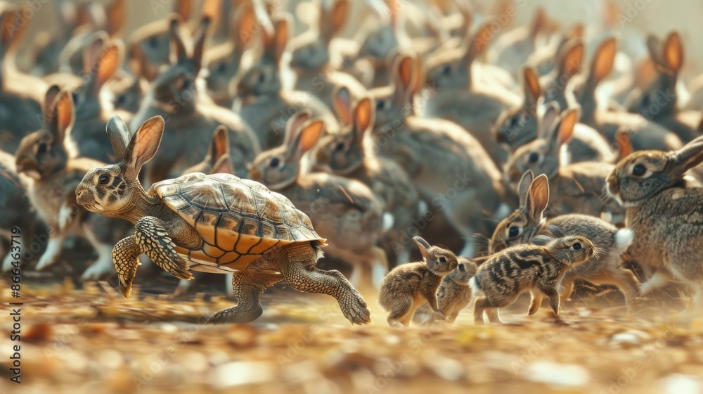 Fototapeta premium Turtle running in a race leading a large group of rabbits, in strategy and determination concept.