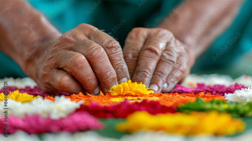 Closeup of hands making a Pookalam, carefully placing colorful flower petals in intricate patterns Closeup of hands making a Pookalam, carefully placing colorful flower petals in intricate patterns
