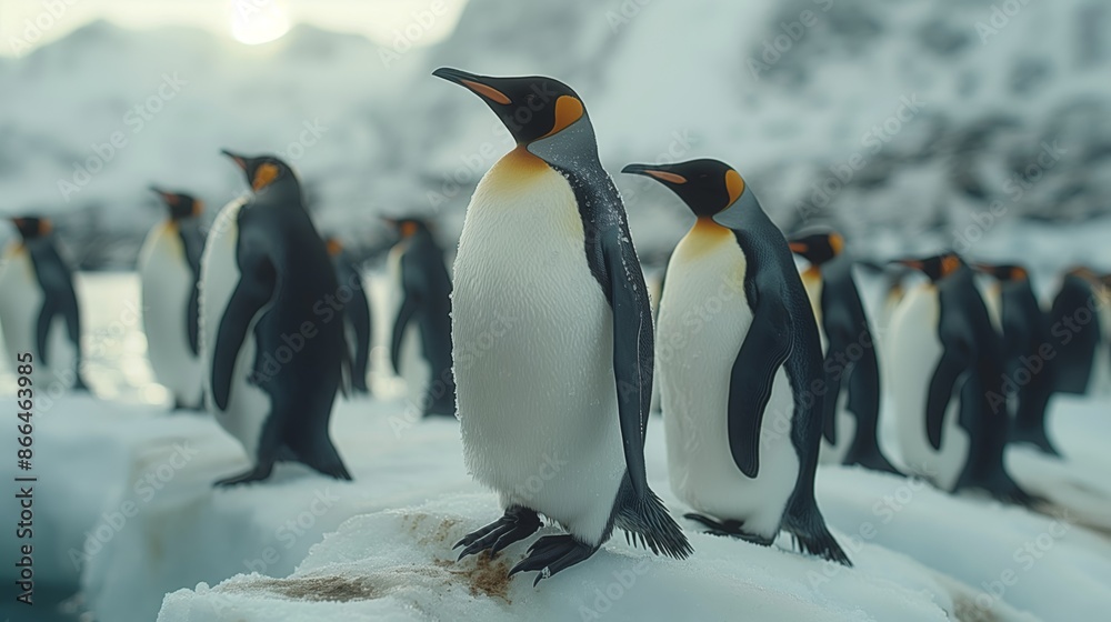 Fototapeta premium Colony of Emperor Penguins on Ice in Their Natural Antarctic Habitat