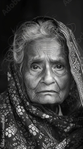 Indian elderly woman with a traditional shawl, looking dignified