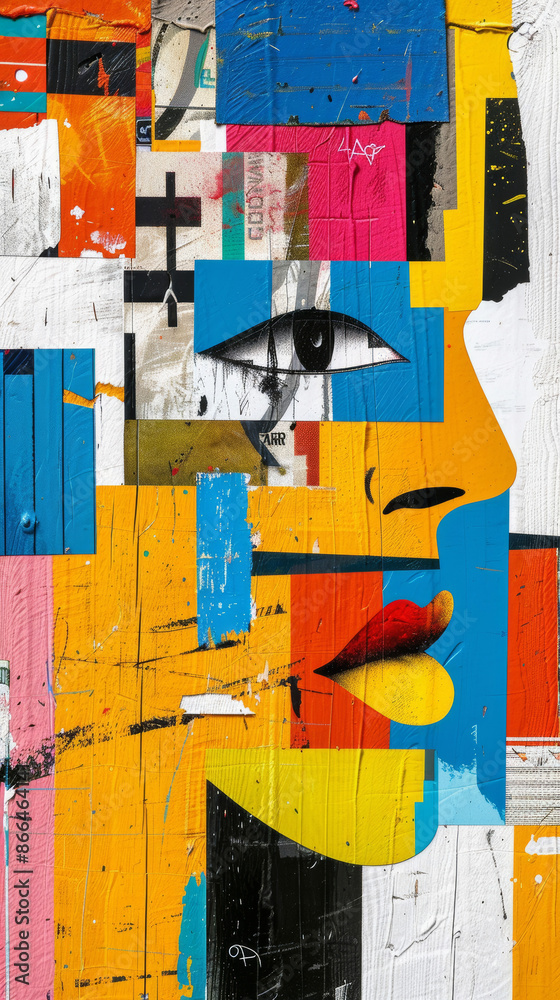 Naklejka premium ''collage of urban elements, street art, graffiti, and cityscapes, gritty textures, and bold colors, energetic and dynamic composition'' 