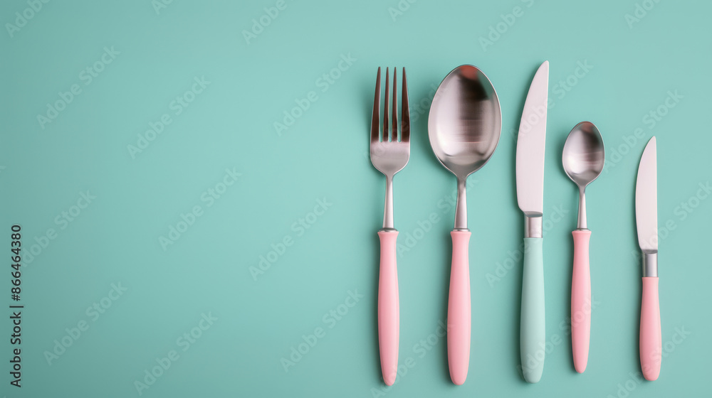 ''cutlery set with ceramic handles, set on a soft pastel background, delicate and elegant design, suitable for a spring table setting'' ''cutlery set with ceramic handles, set on a soft pastel background, delicate and elegant design, suitable for a spring table setting''