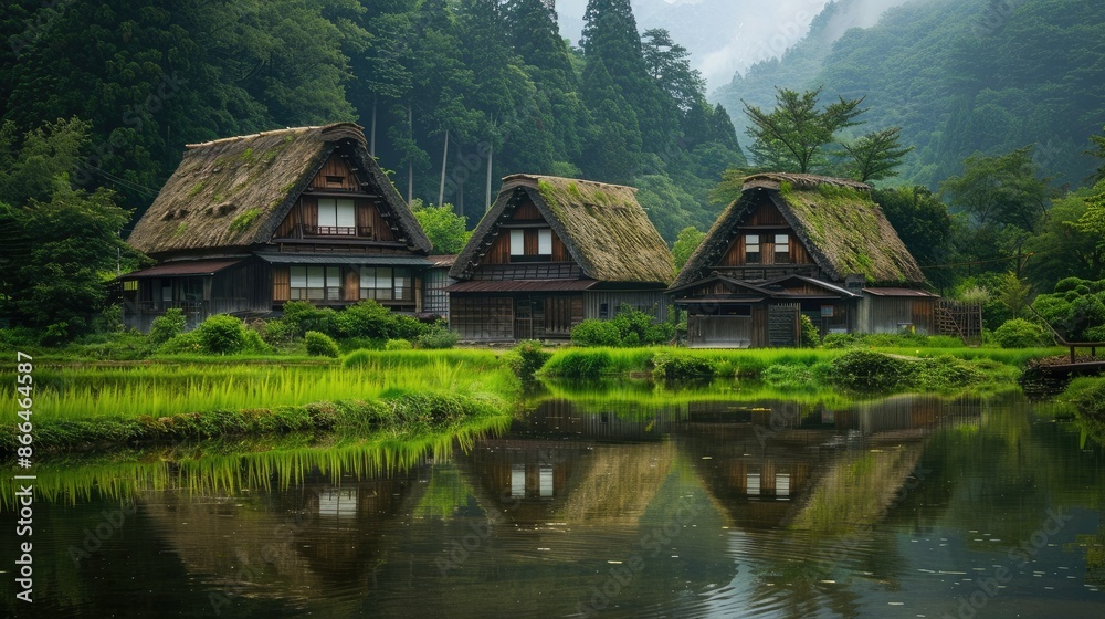 Traditional Japanese thatched-roof houses in a tranquil village, surrounded by lush greenery and reflected in a calm pond.