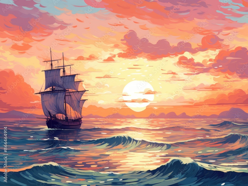 Fototapeta premium vector ship in the sunset