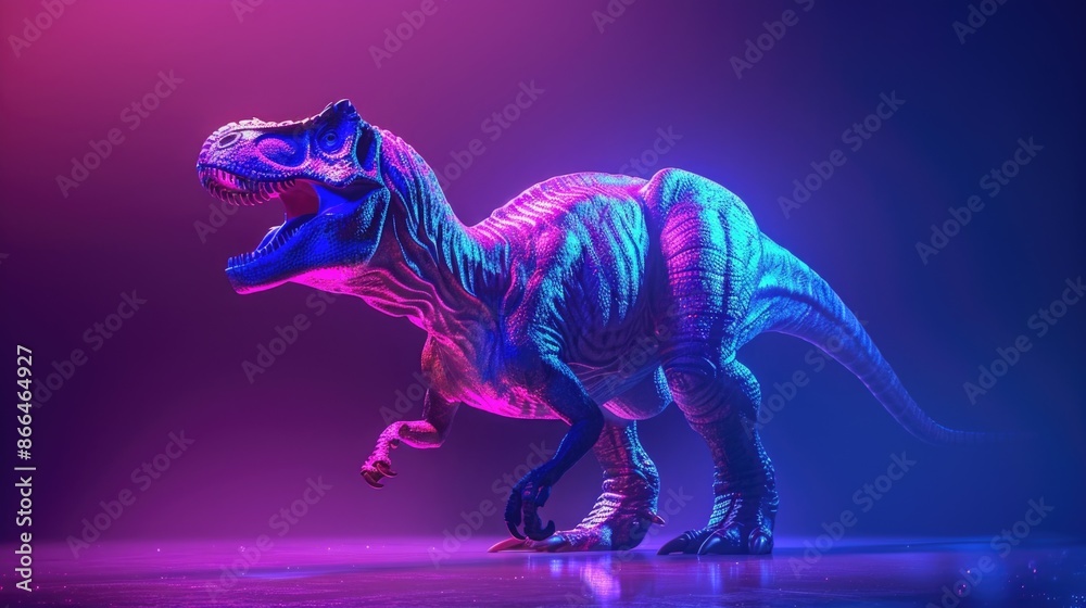 Fototapeta premium Tyrannosaurus rex dinosaur 3d. Back light. Glowing blue, pink, magenta and purple glow.