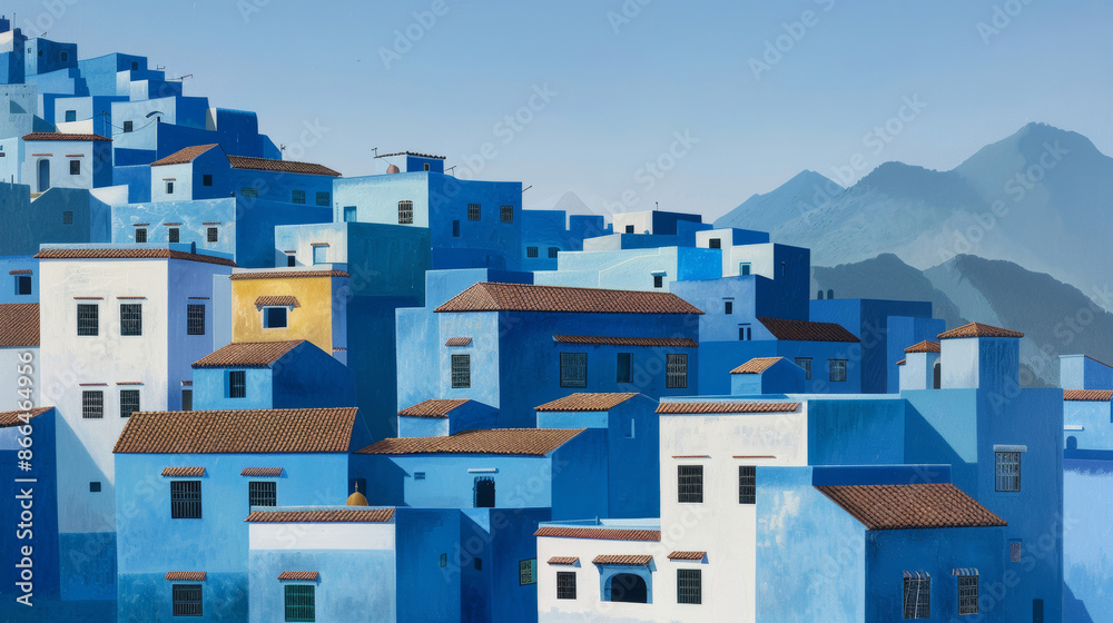 ''high-angle view of Chefchaouen, the Blue City, houses painted in various shades of blue, nestled in the Rif Mountains'' ''high-angle view of Chefchaouen, the Blue City, houses painted in various shades of blue, nestled in the Rif Mountains''
