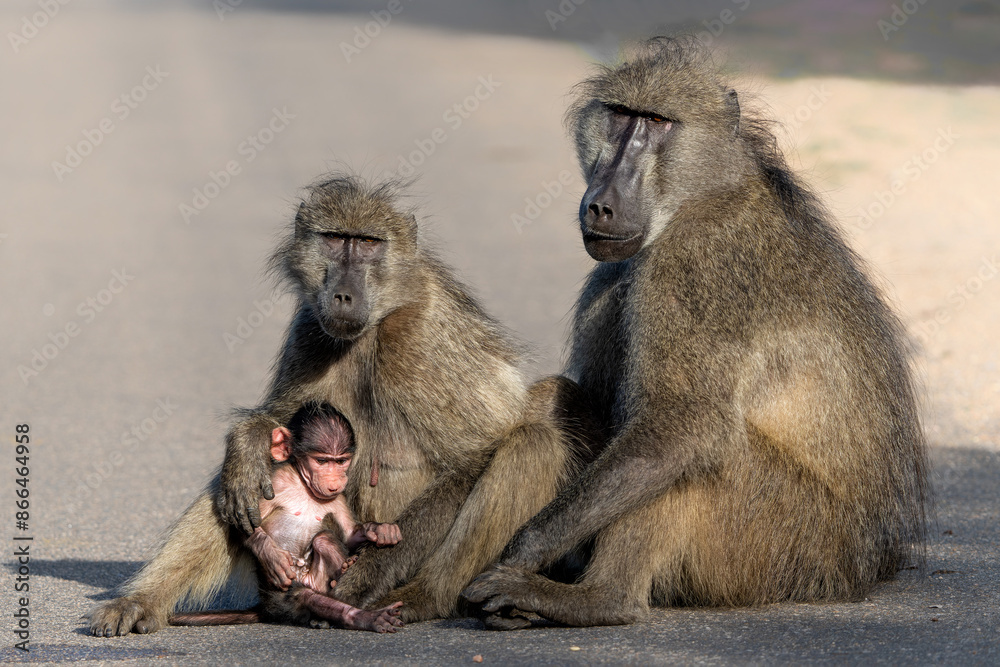 Baby Baboon finding protection at his mother in the Kruger National Park in South Africa Baby Baboon finding protection at his mother in the Kruger National Park in South Africa