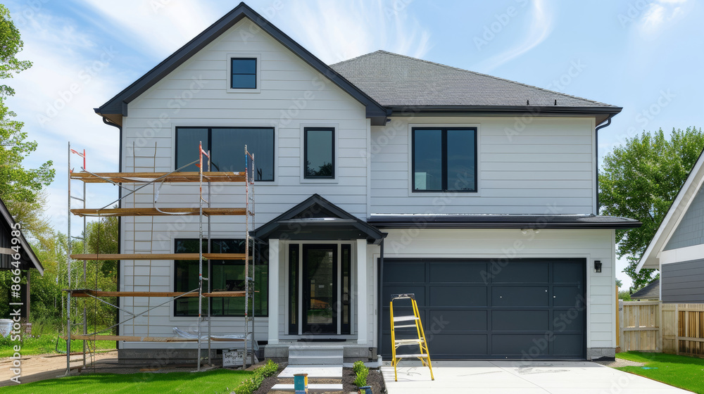 ''home exterior renovation, workers replacing old siding with modern materials, scaffolding around the house, clear sunny day'' 