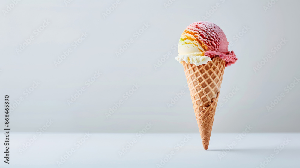 Isolated image of a gelato cone with multiple flavors on a white background, representing summer treats for Ferragosto Isolated image of a gelato cone with multiple flavors on a white background, representing summer treats for Ferragosto