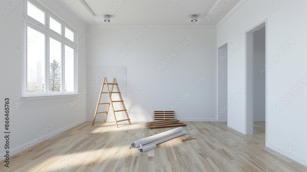 Obraz premium ''living room renovation, walls being painted, new furniture pieces waiting to be assembled, bright and airy space, modern design'' 