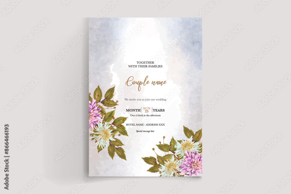 WEDDING INVITATION FRAME WITH FLOWER DECORATIONS AND FRESH LEAVES 