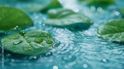 Close-up of sunflower leaves, calm water surface in background, droplets of water on leaves, cool and tranquil, balanced and refreshing.